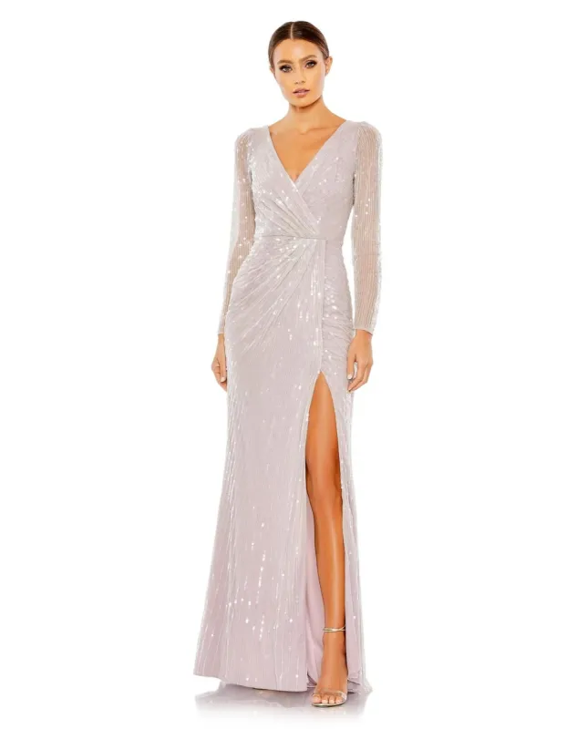 Sequined Faux Wrap Long Sleeve Gown sold by Lord & Taylor