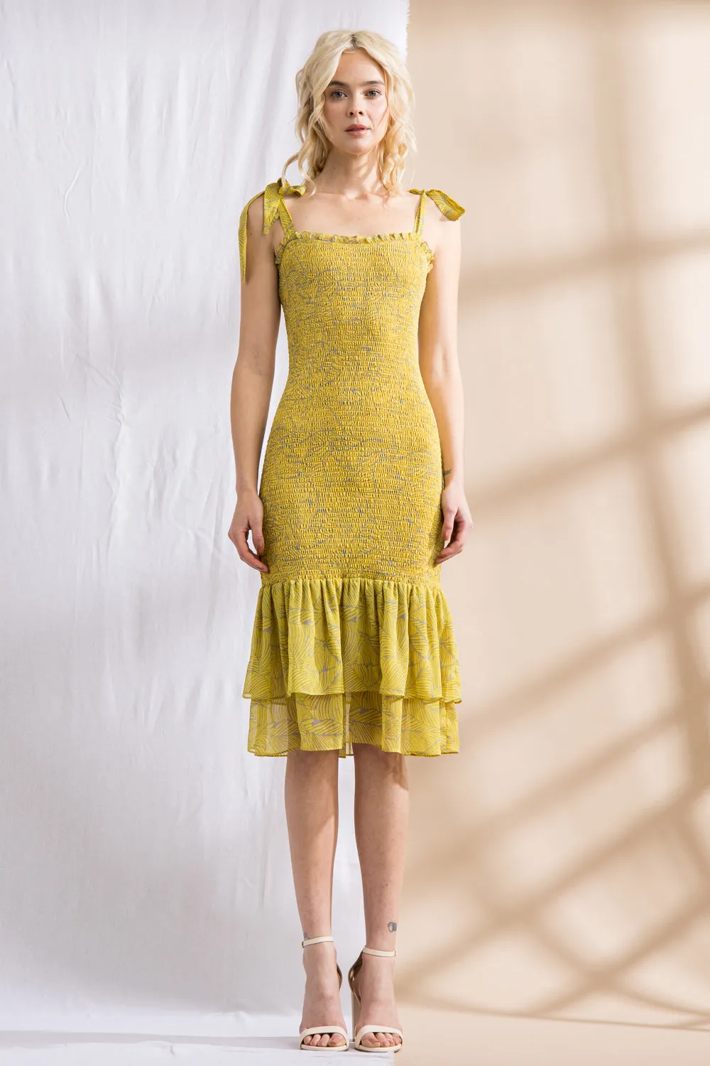 Smocked Shoulder Tie Ruffle Midi Dress sold by Lord & Taylor product image thumbnail 4