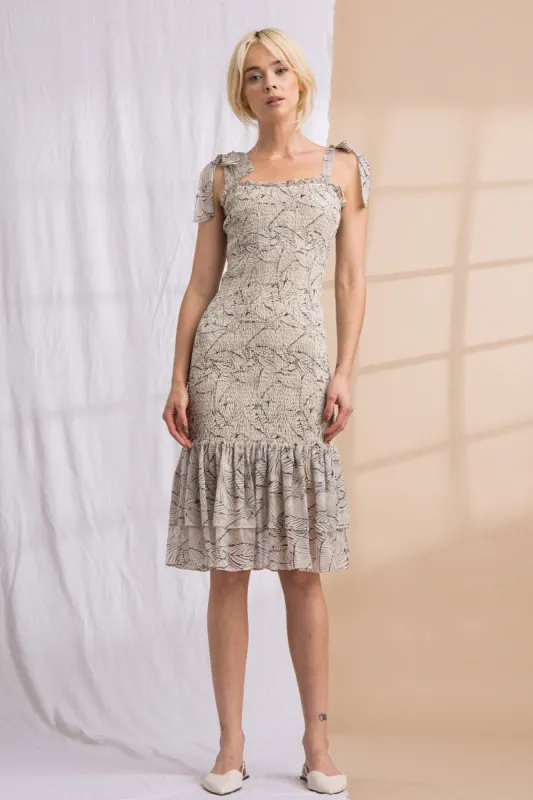 Smocked Shoulder Tie Ruffle Midi Dress sold by Lord & Taylor