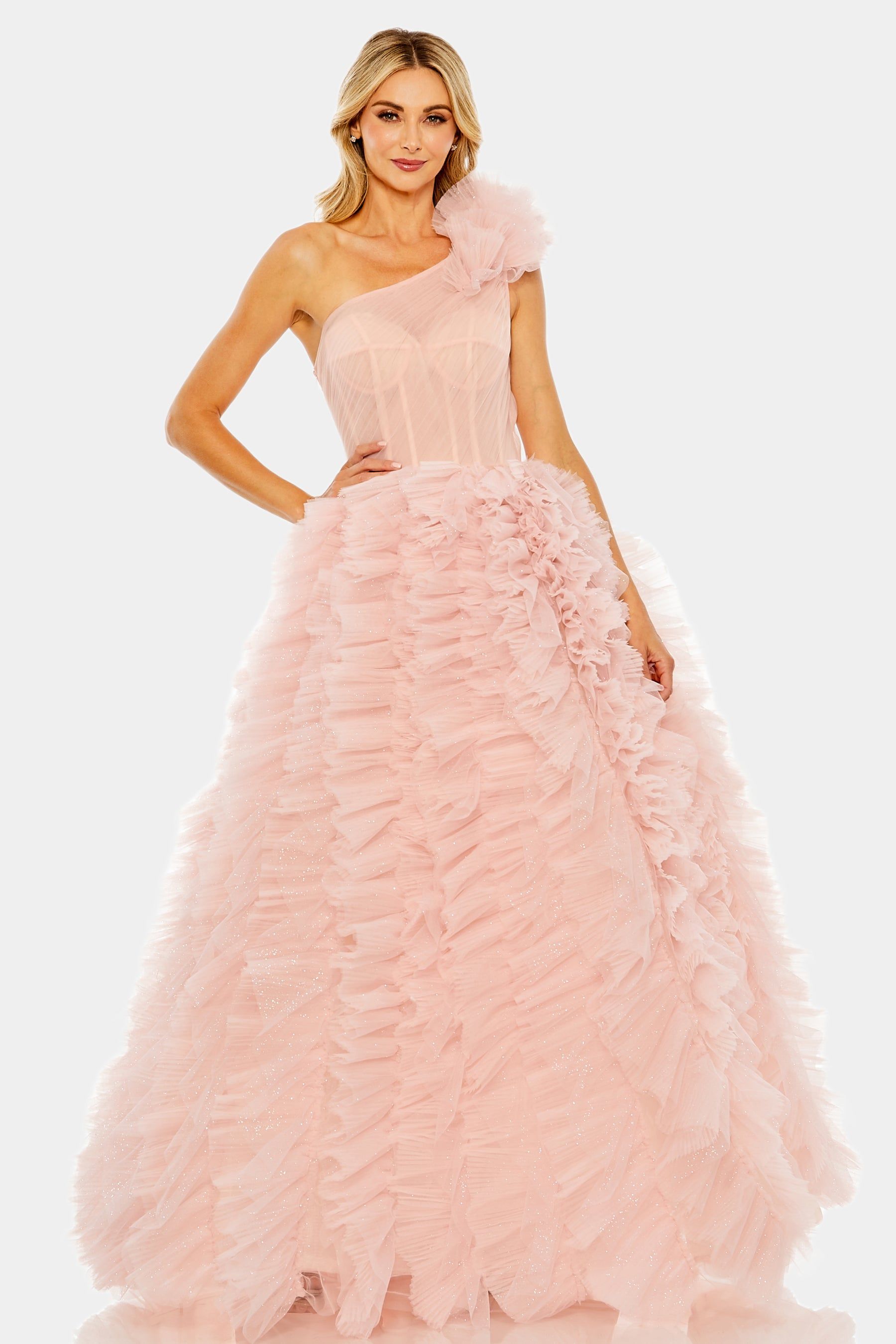 One Shoulder Glitter Tulle Gown sold by Lord & Taylor