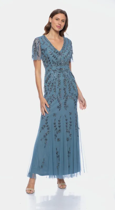 Beaded Mesh Godet Dress sold by Lord & Taylor