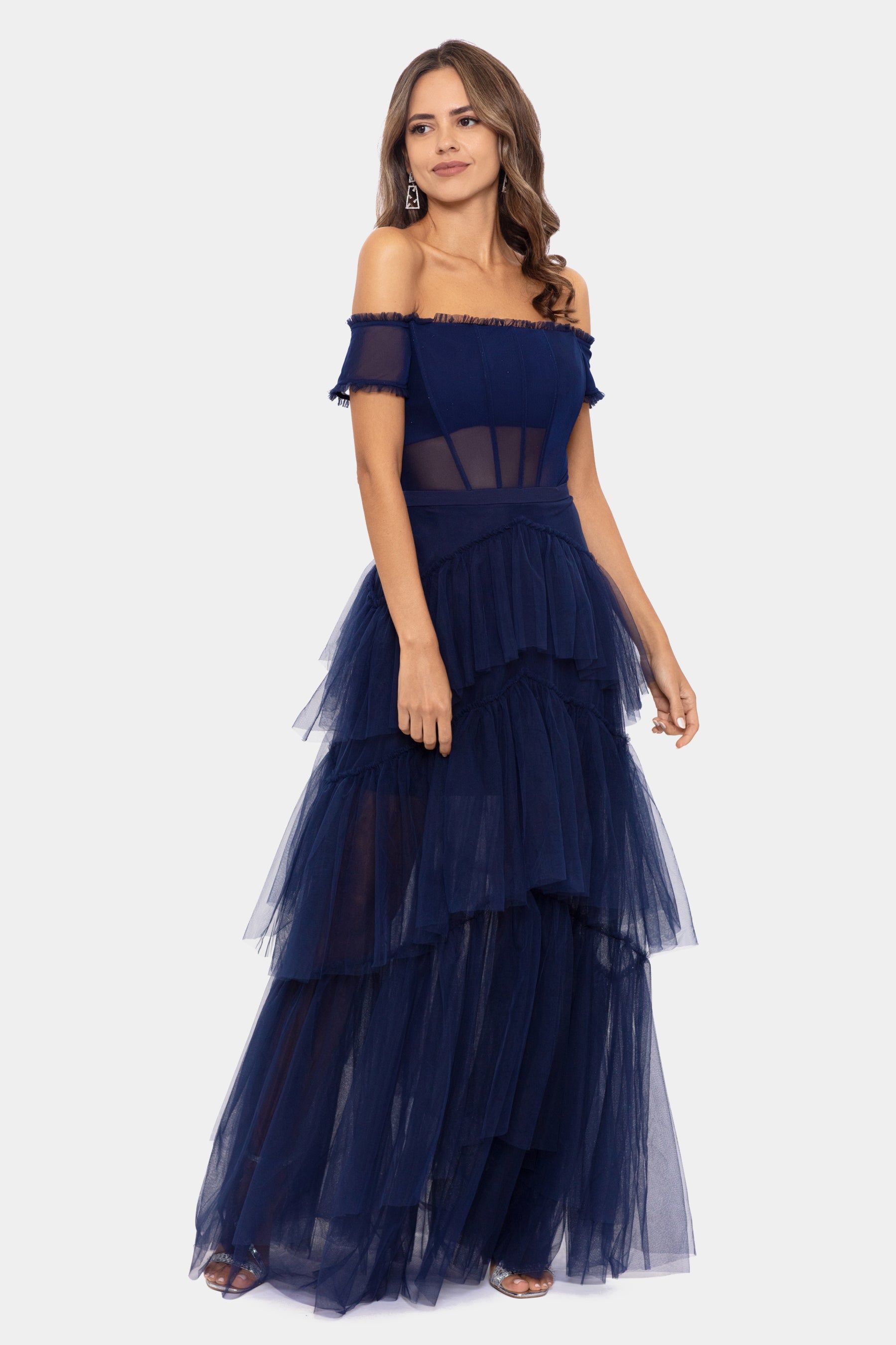 Off The Shoulder Mesh Ballgown sold by Lord & Taylor