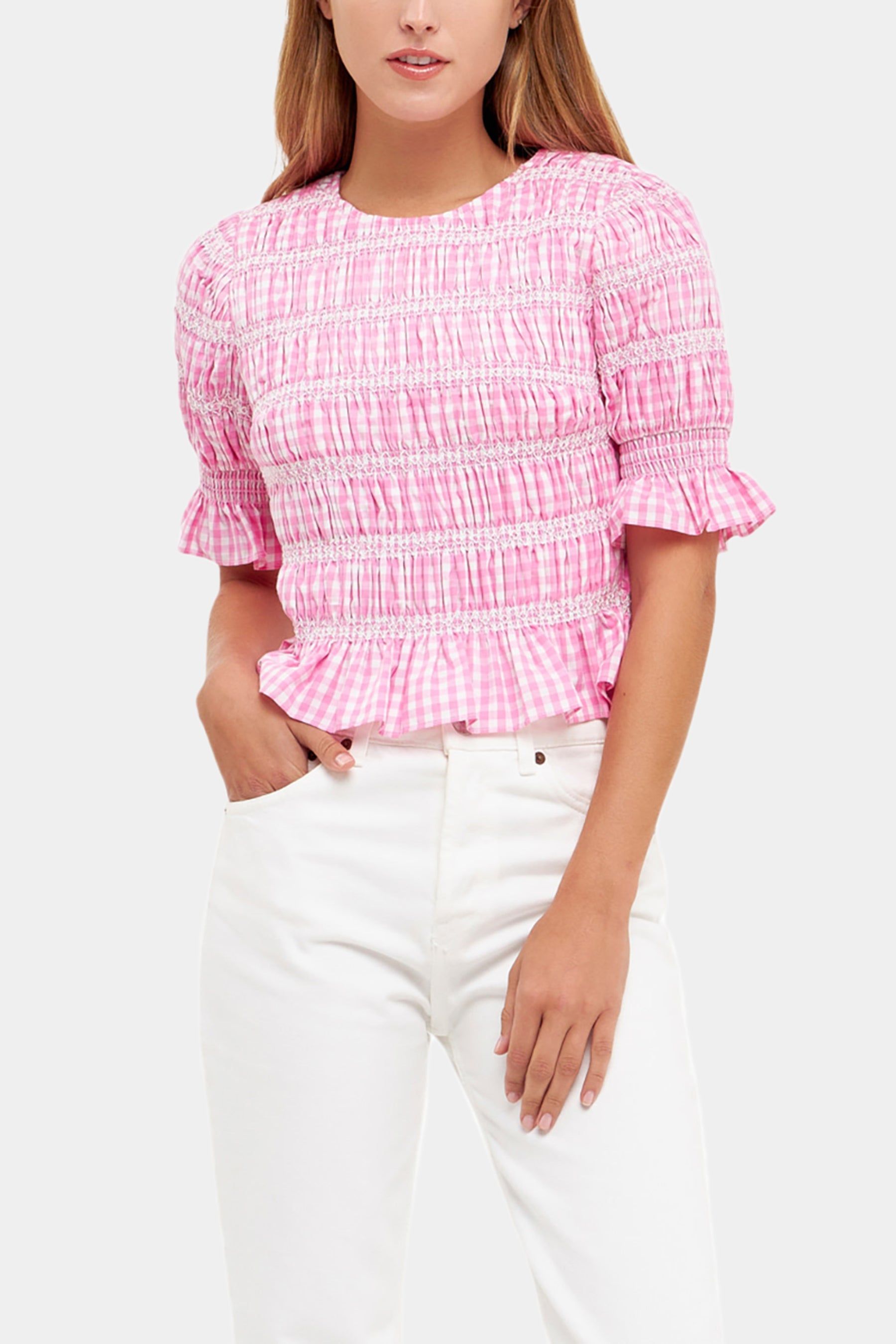 Gingham Smocked Puff Sleeve Top sold by Lord & Taylor