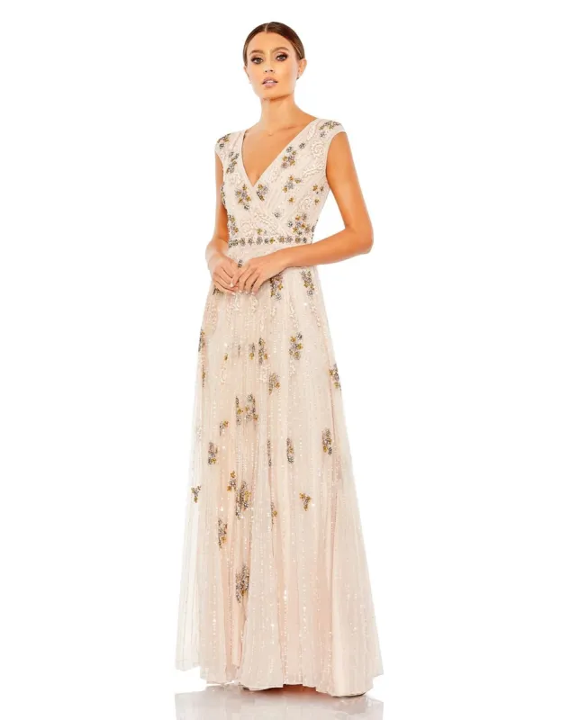Embellished Wrap Over Cap Sleeve A-Line Gown sold by Lord & Taylor