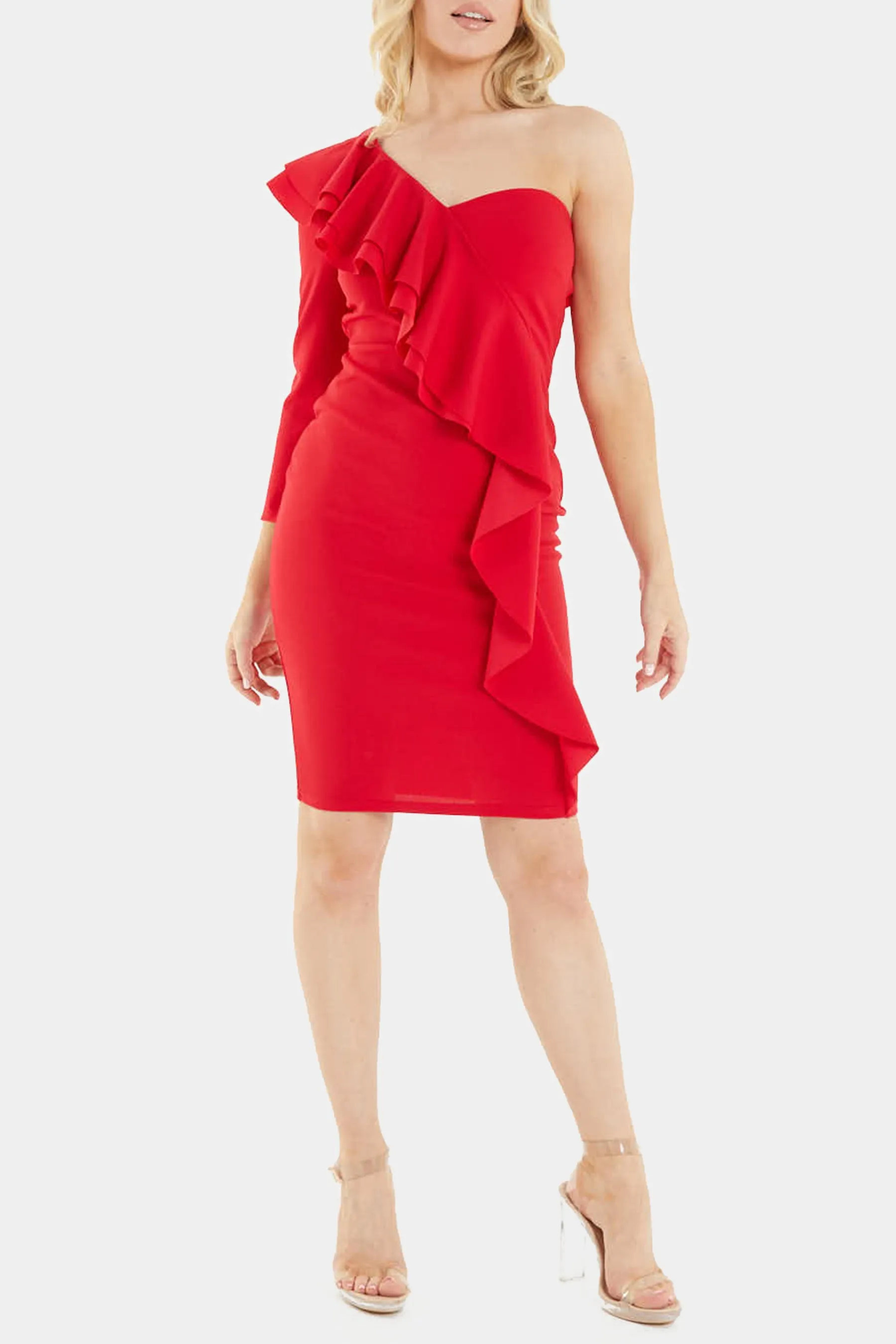 Red Scuba Crepe One Shoulder Frill Midi Dress sold by Lord & Taylor
