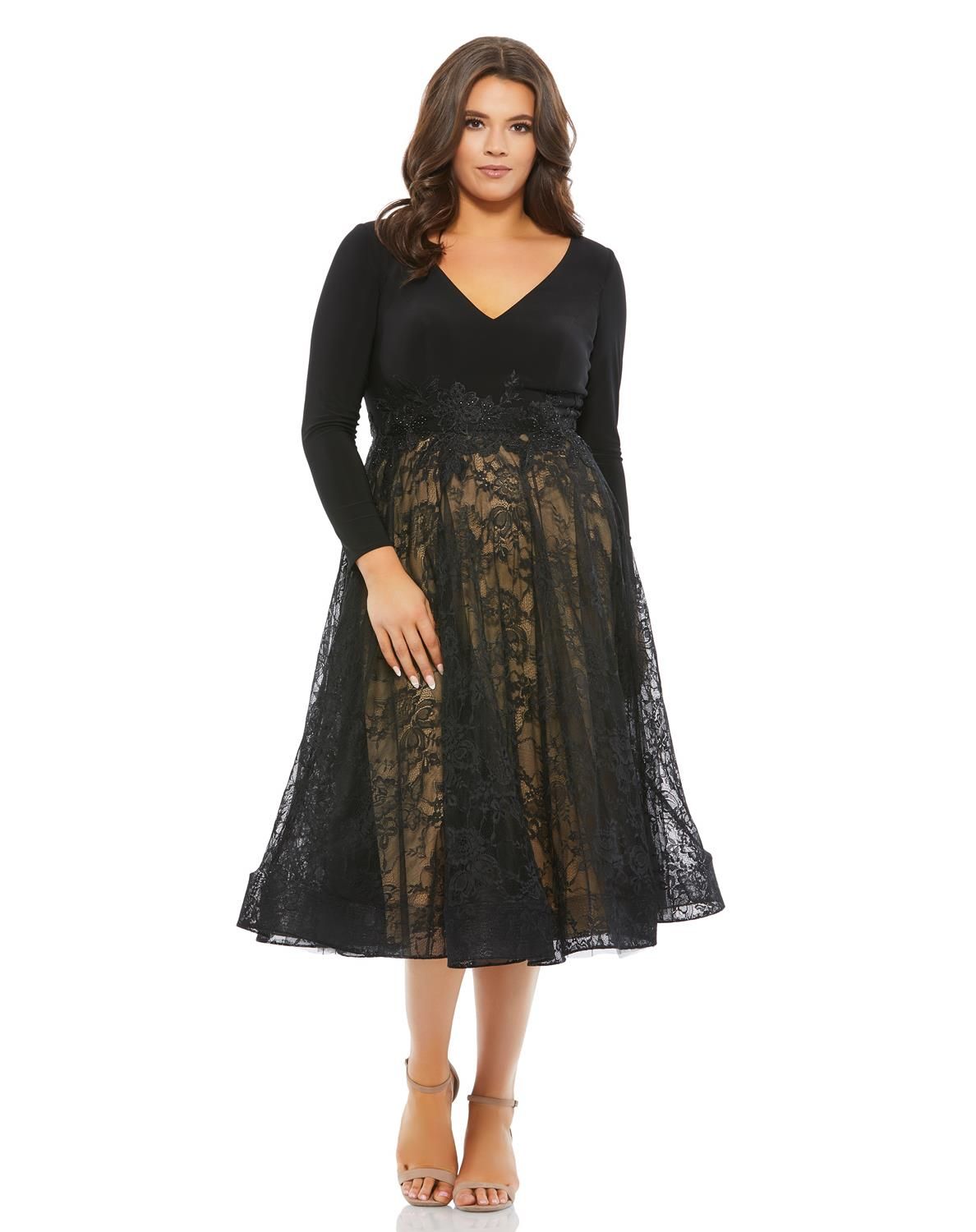 Lace Overlay Long Sleeve A-Line Midi Dress sold by Lord & Taylor