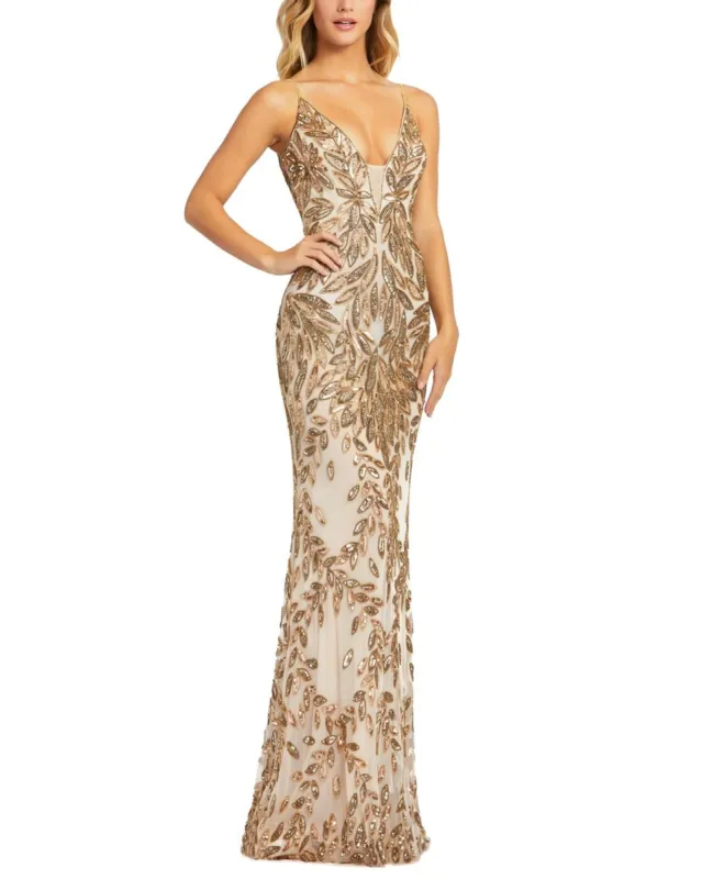 Sequined Sleeveless Plunge Neck Trumpet Gown sold by Lord & Taylor