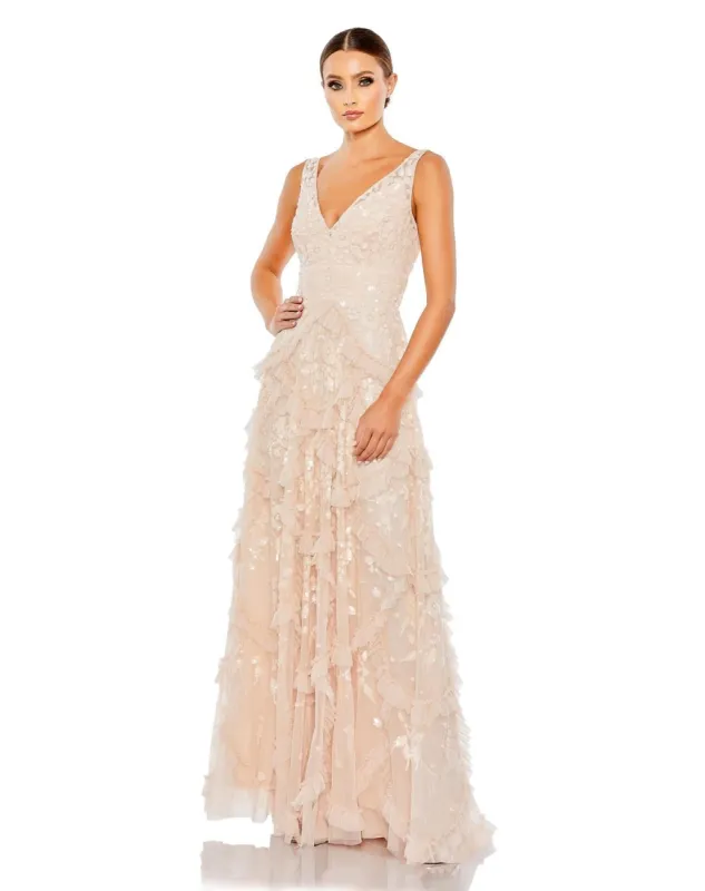 Sequined Scallop Ruffle Tiered V Neck Gown sold by Lord & Taylor