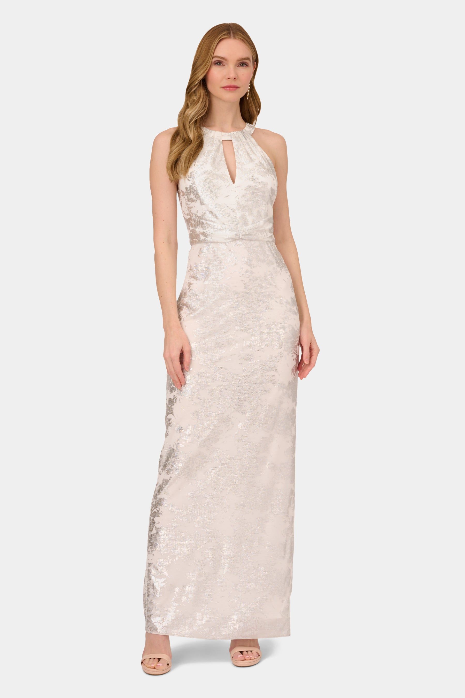 Halter Foil Mesh Gown sold by Lord & Taylor