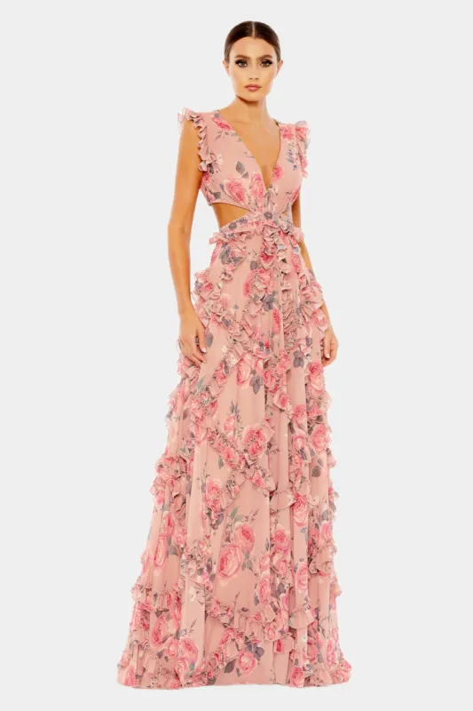 Ruffled Cap Sleeve V Neck Gown sold by Lord & Taylor