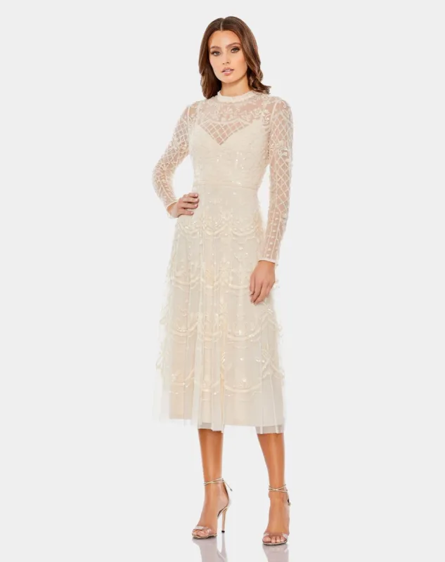 Sequined Illusion High Neck Long Sleeve Midi Dress sold by Lord & Taylor