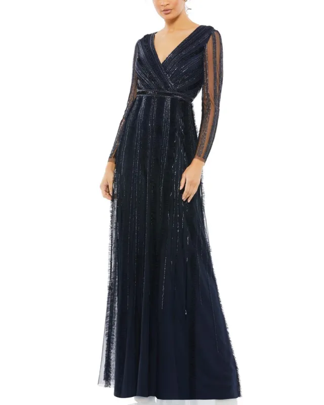 Beaded Long Sleeve V Neck A Line Gown sold by Lord & Taylor