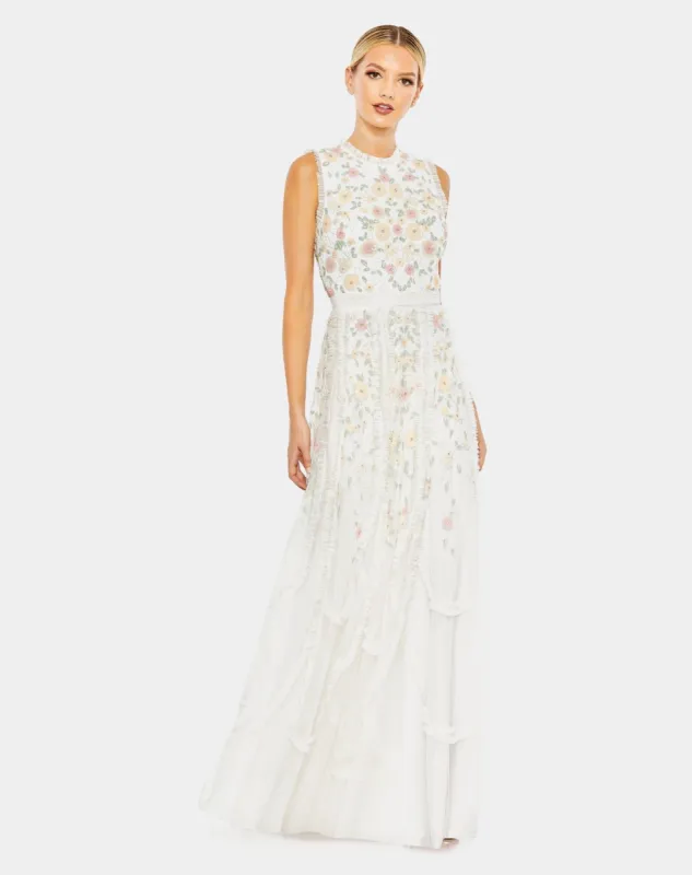 Embellished High Neck Sleeveless Ruffled Gown sold by Lord & Taylor