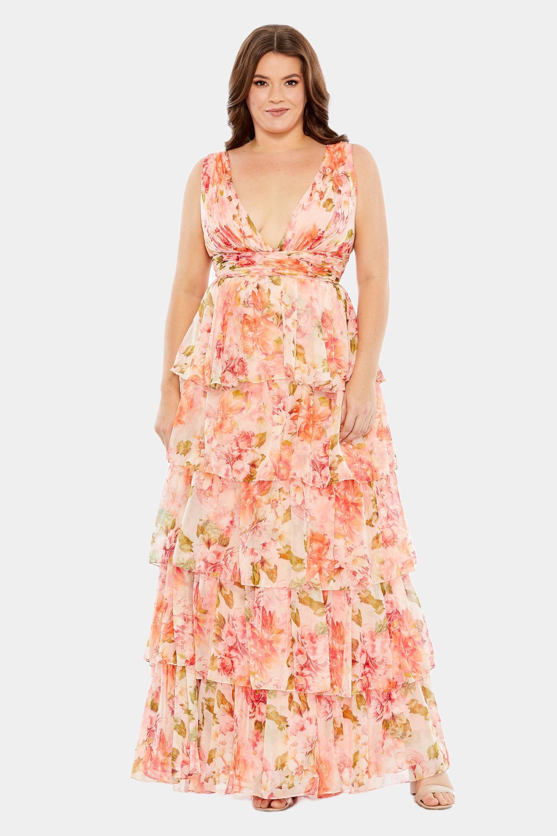 Floral Print Ruffle Tiered Sleeveless V Neck Gown sold by Lord & Taylor