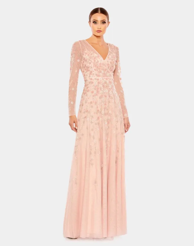 Embellished Illusion Long Sleeve A Line Surplice Gown sold by Lord & Taylor
