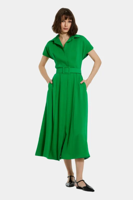 Crepe Collared Short Sleeve Midi Dress With Belt sold by Lord & Taylor