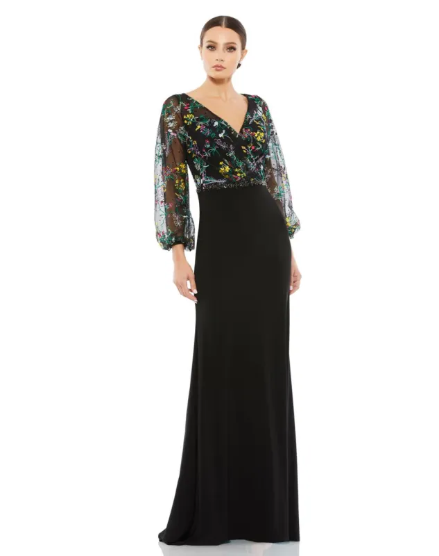 Embroidered Illusion Puff Sleeve Column Gown sold by Lord & Taylor