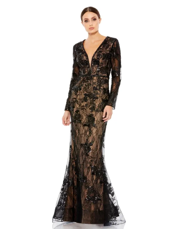 Embellished Long Sleeve Plunge Neck Trumpet Gown sold by Lord & Taylor