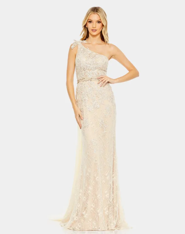 Lace One Shoulder Train Gown sold by Lord & Taylor