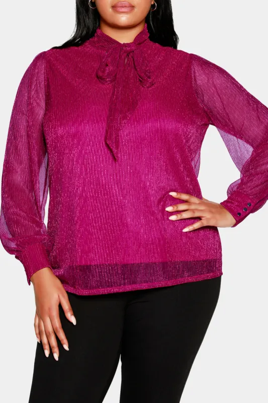 Lurex Blouson Sleeve Tie Neck Top sold by Lord & Taylor
