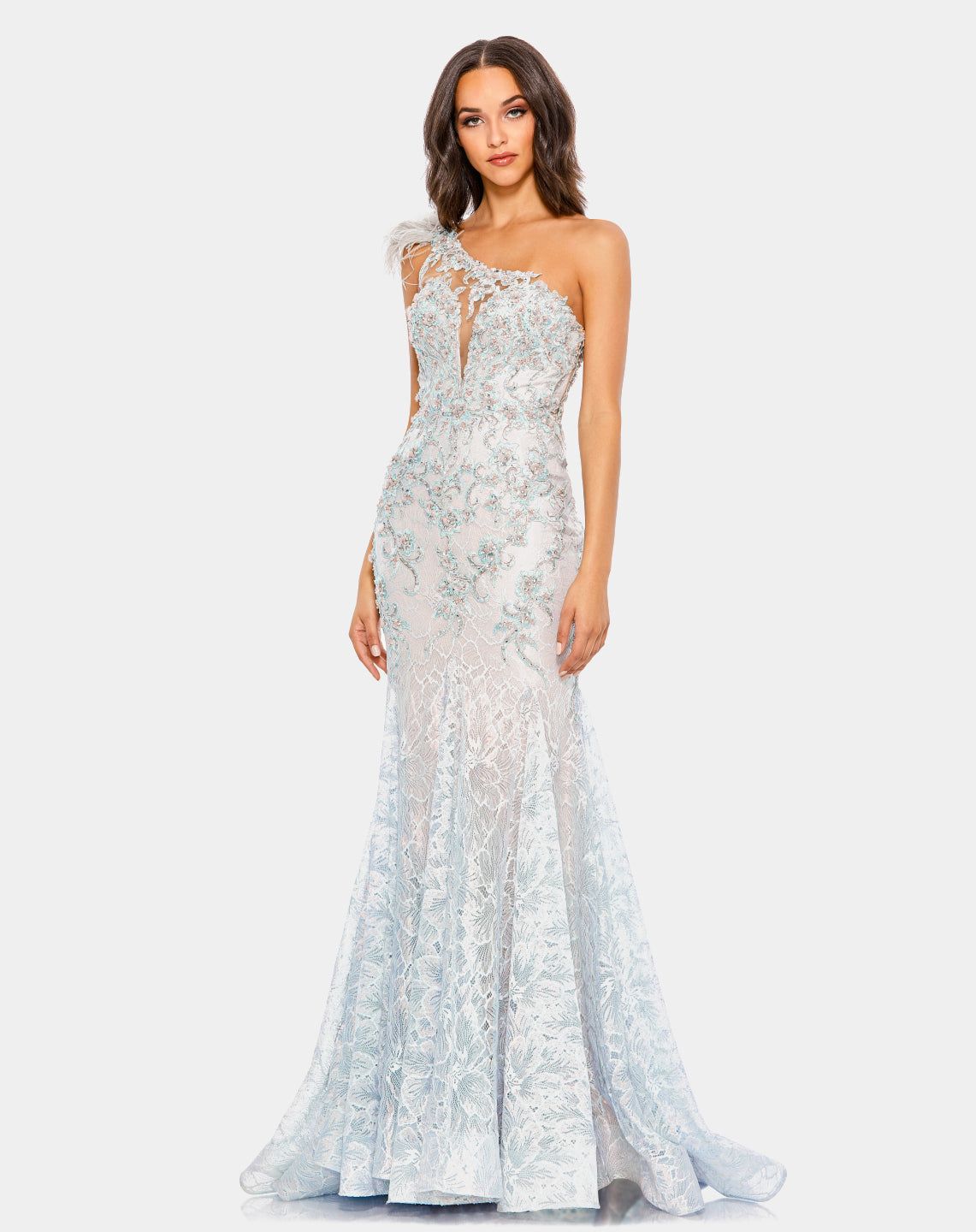 Embroidered Applique Feathered One Shoulder Gown sold by Lord & Taylor