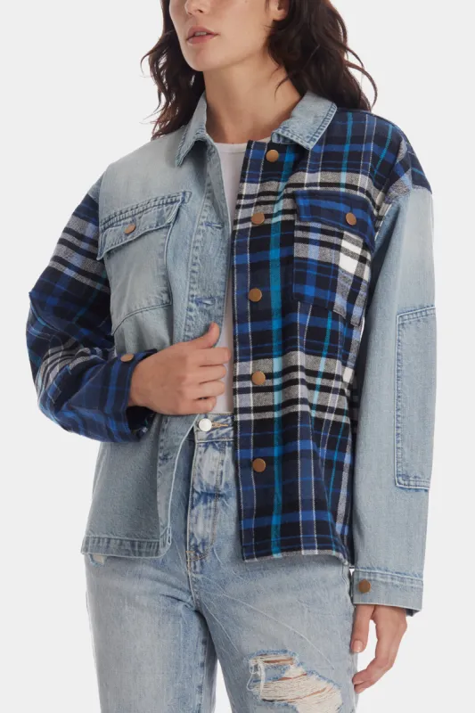 Plaid Denim Patchwork Shacket sold by Lord & Taylor