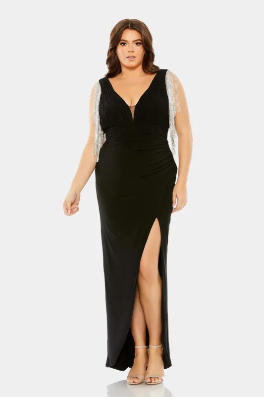 Asymmetrical Gown Fringe Detail On Shoulder sold by Lord & Taylor