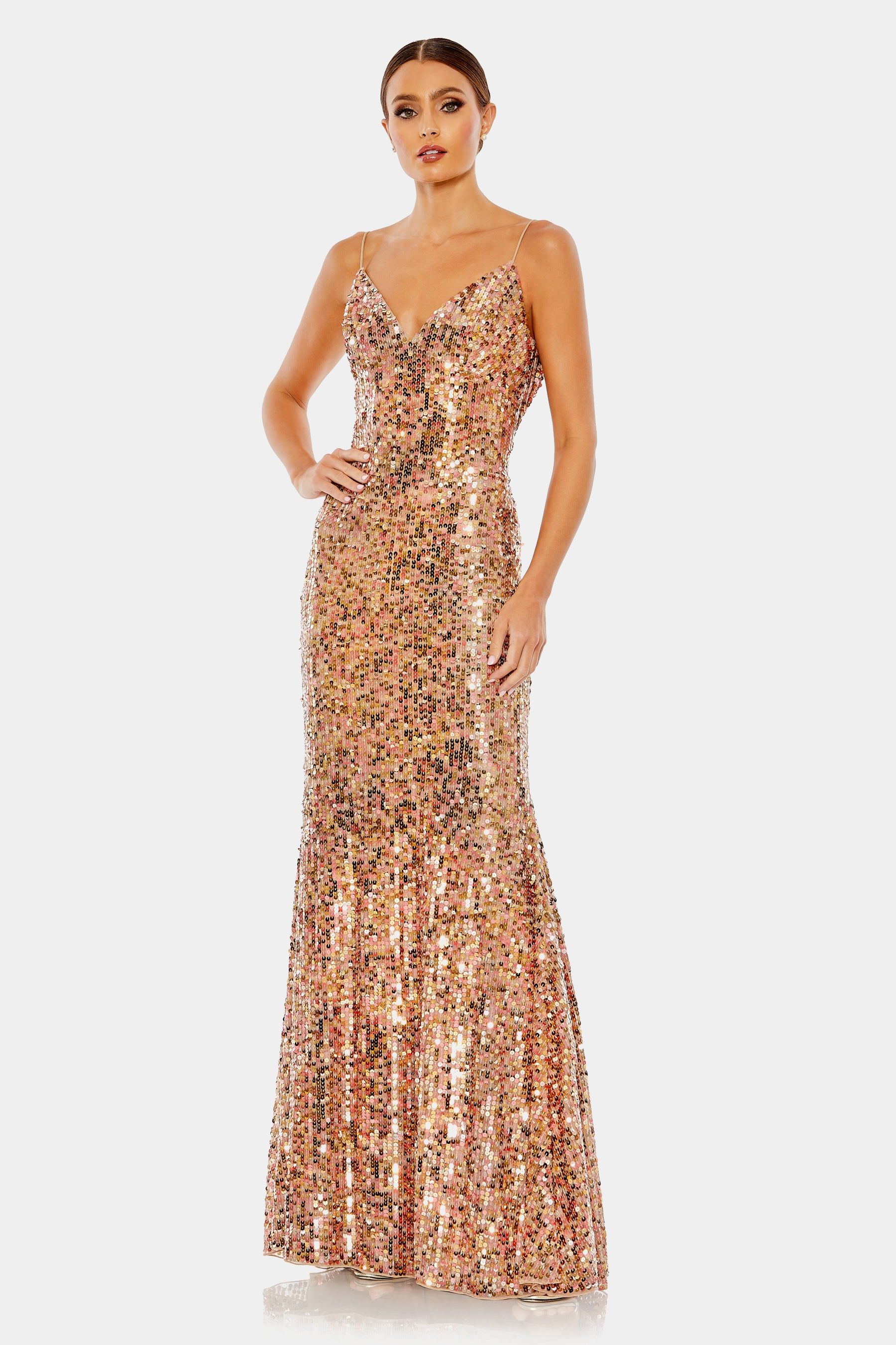 Sequined Spaghetti Strap Cowl Back Gown sold by Lord & Taylor