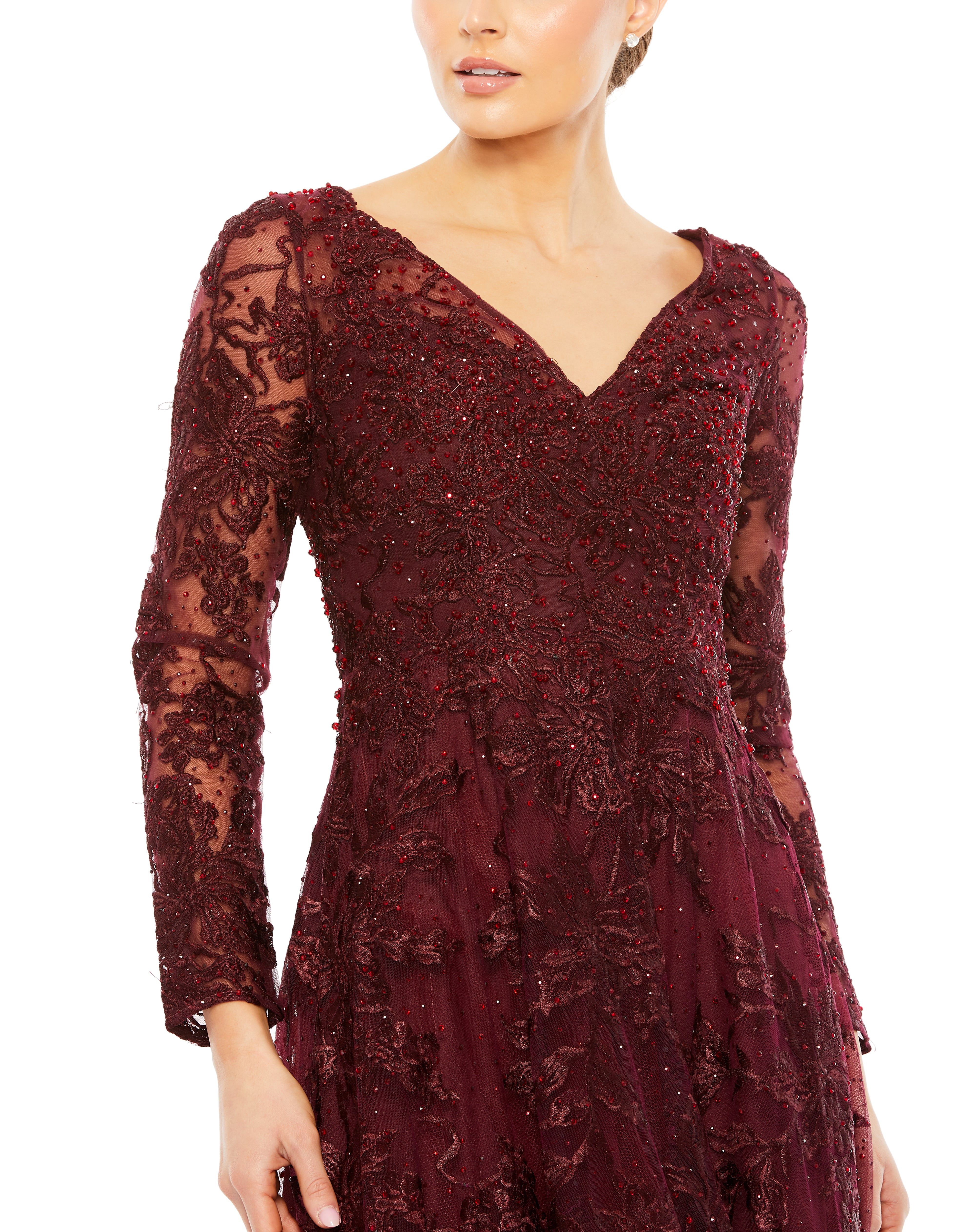 Embellished Illusion Long Sleeve V Neck Gown sold by Lord & Taylor product image thumbnail 3
