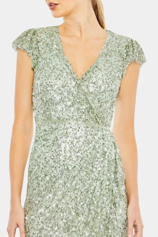 Sequined Faux Wrap Ruffle Cap Sleeve Gown sold by Lord & Taylor
