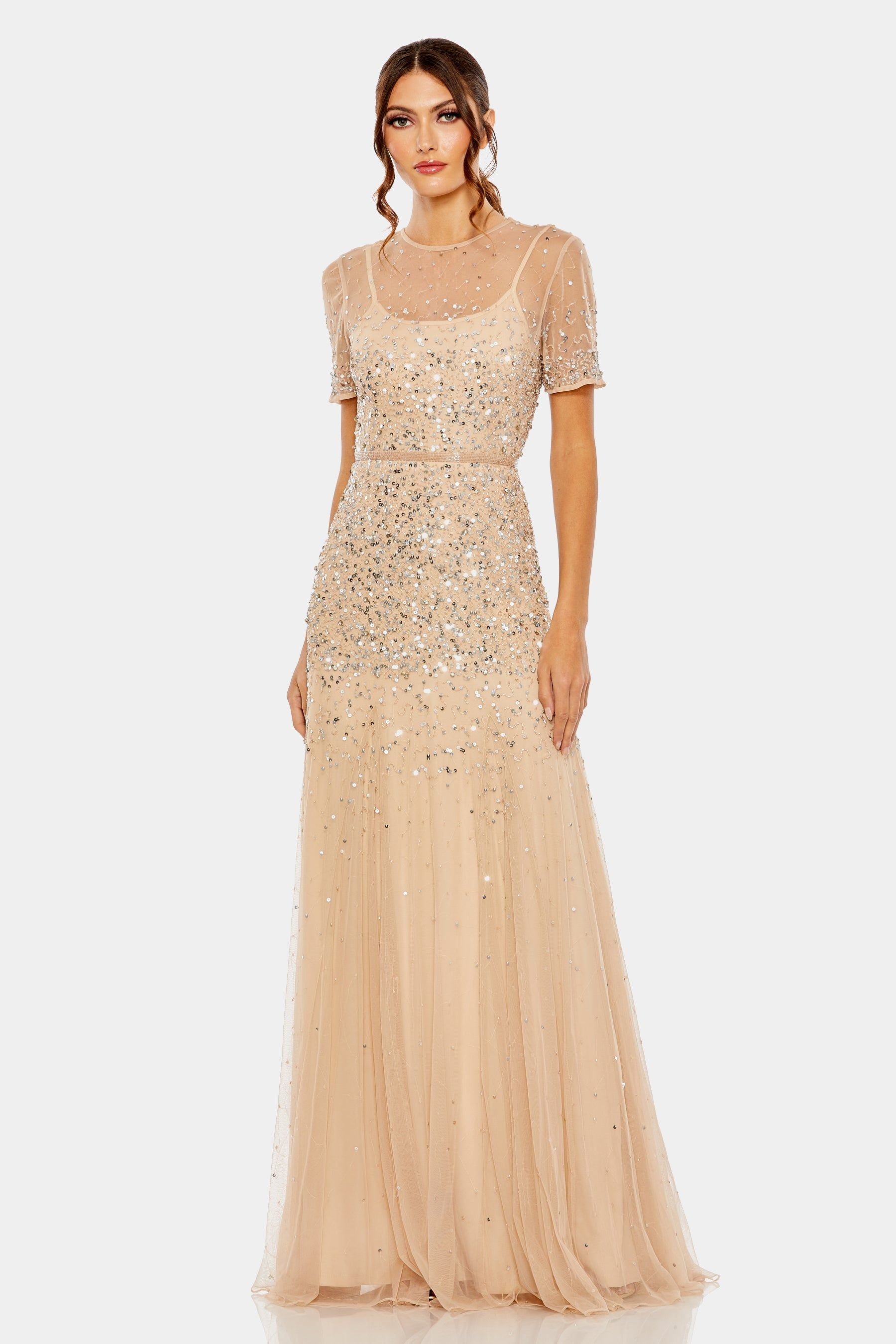 High Neck Short Sleeve Sequin Embellished Gown sold by Lord & Taylor