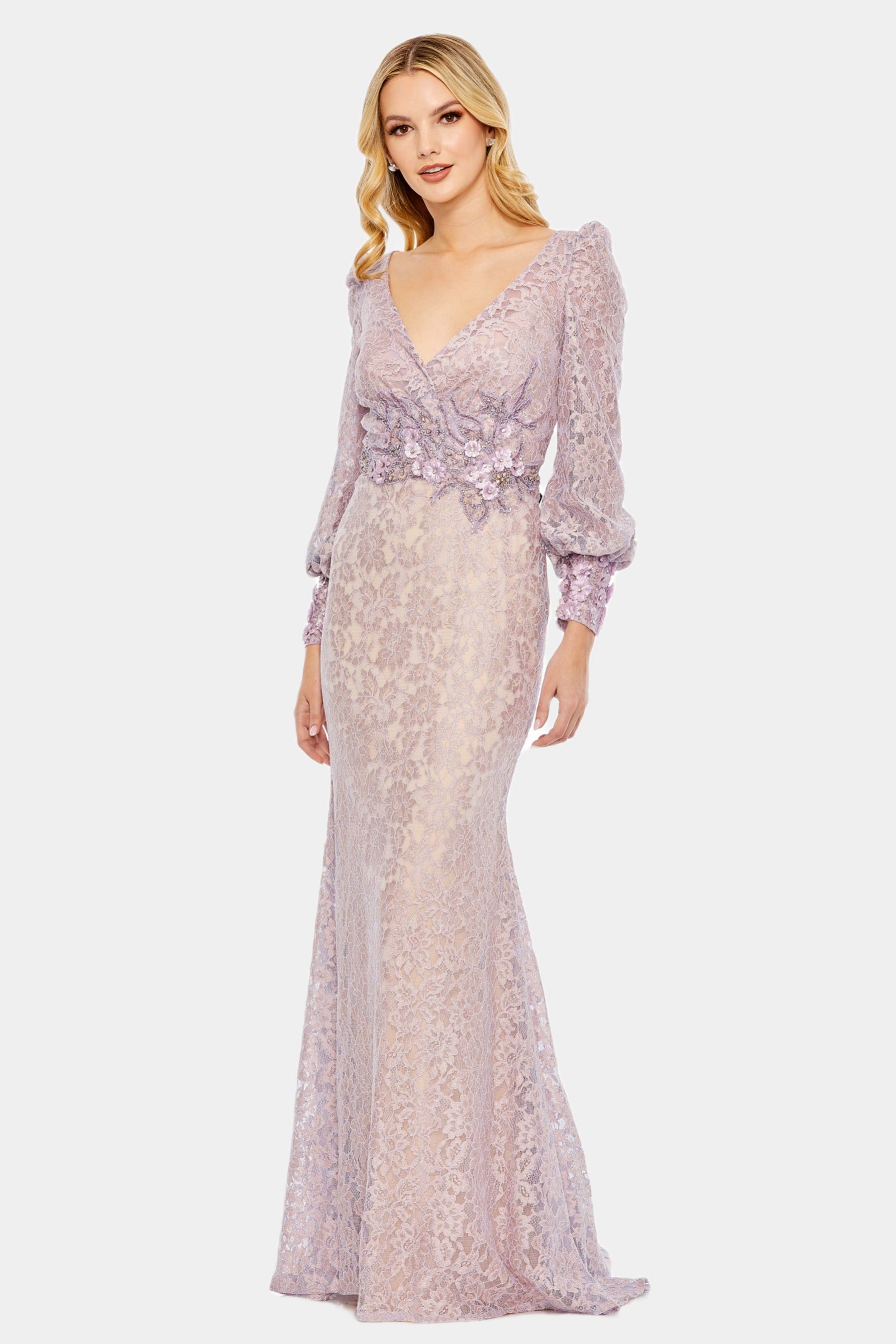 Long Sleeve V Neck Lace Embellished Gown sold by Lord & Taylor