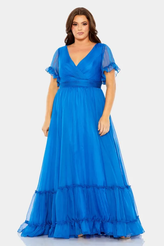 Chiffon Faux Wrap Flutter Sleeve Tiered Gown sold by Lord & Taylor