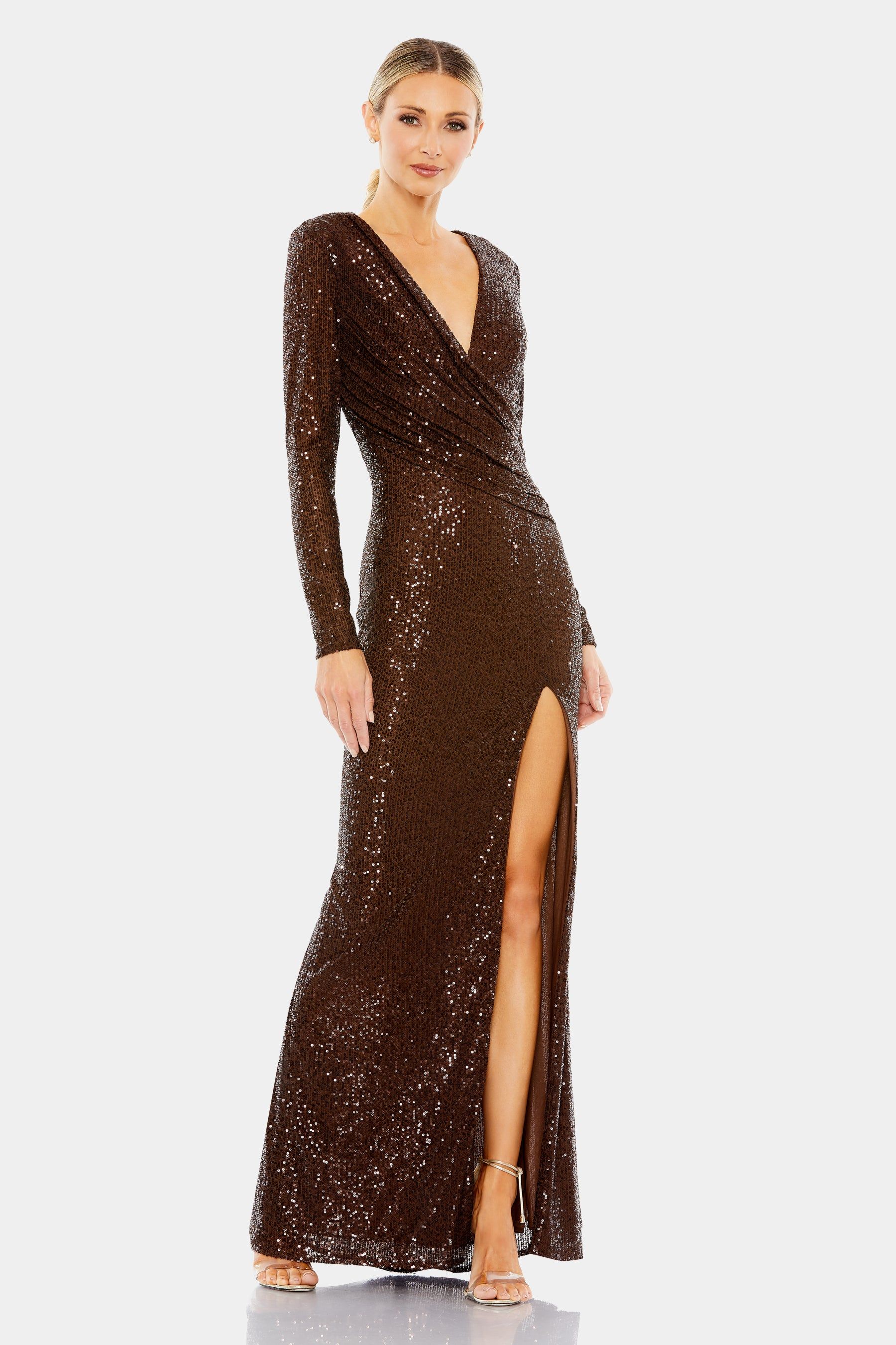 Sequined Long Sleeve Faux Wrap Ruched Gown sold by Lord & Taylor