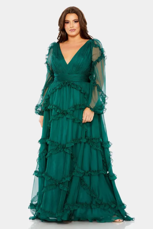 V Neck Ruffle Tiered Puff Sleeve Gown sold by Lord & Taylor
