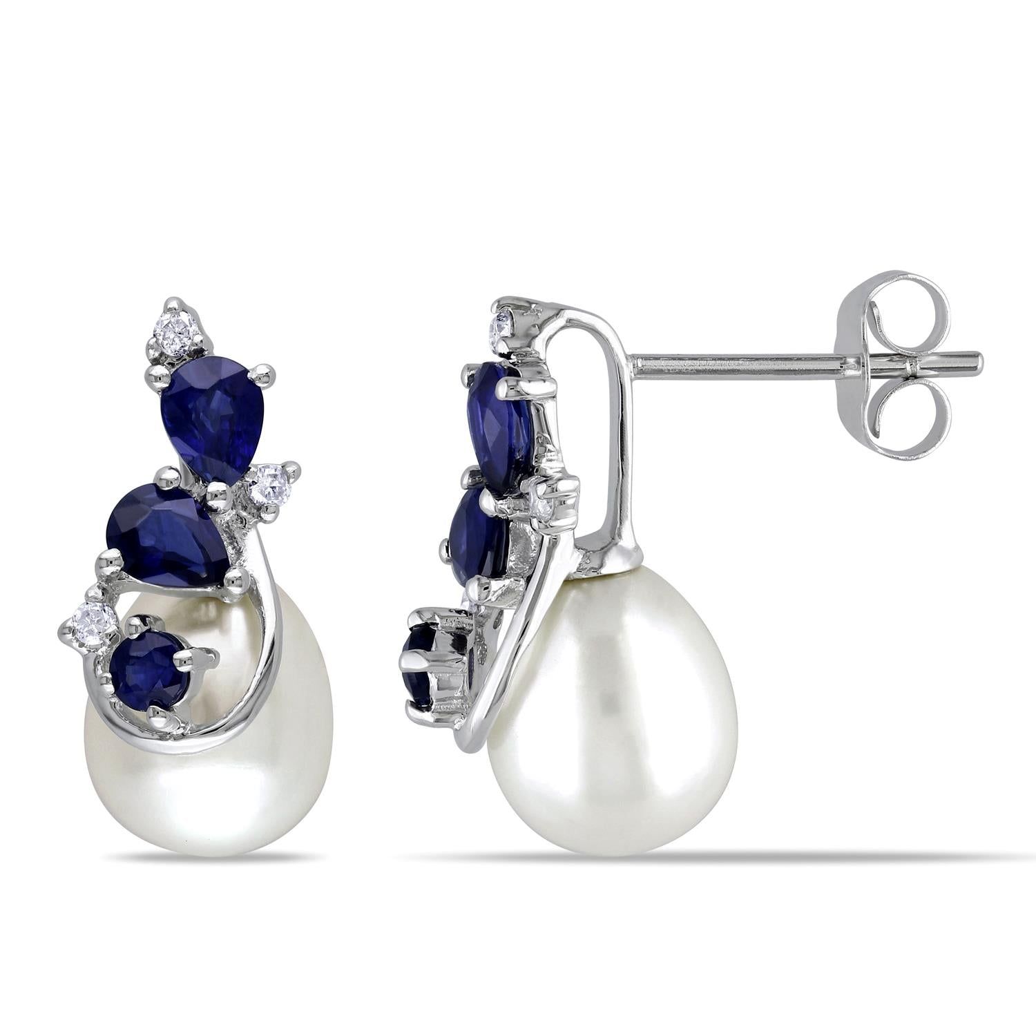 10k White Gold Cultured Freshwater Pearl, Sapphire and Diamond Earrings sold by Lord & Taylor