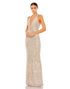 Sequined Halter Strapp Plunge Neck Gown sold by Lord & Taylor