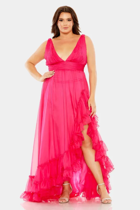 V Neck Sleevelss Ruffle Tiered Fron Slit Gown sold by Lord & Taylor