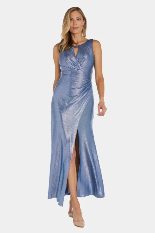 Long Crinkle Foil Knit Mock Wrap Bodice With Cut Out Detail And Draped Front Skirt sold by Lord & Taylor