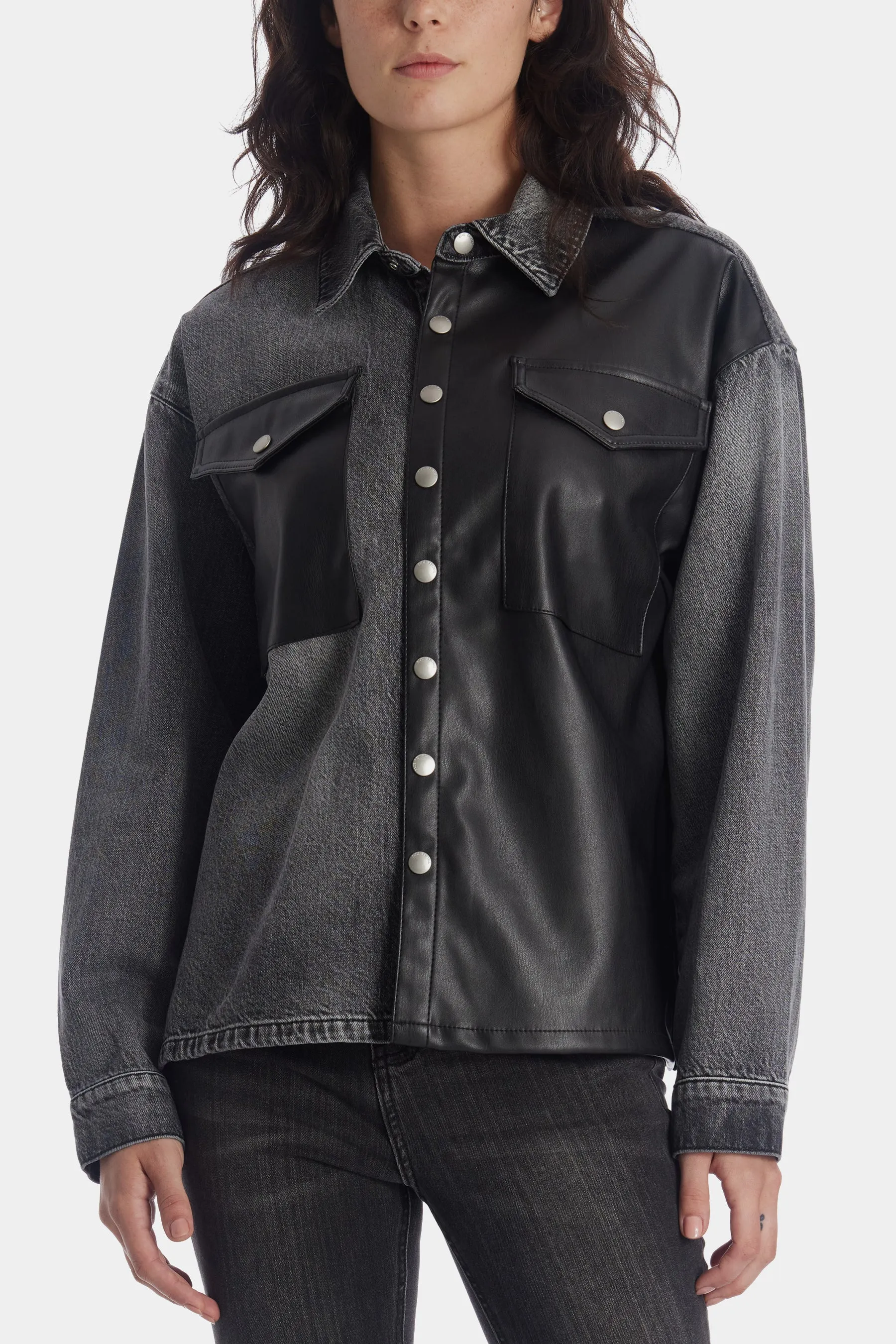 Unreal Leather & Denim Patchwork Shacket sold by Lord & Taylor product image thumbnail 4