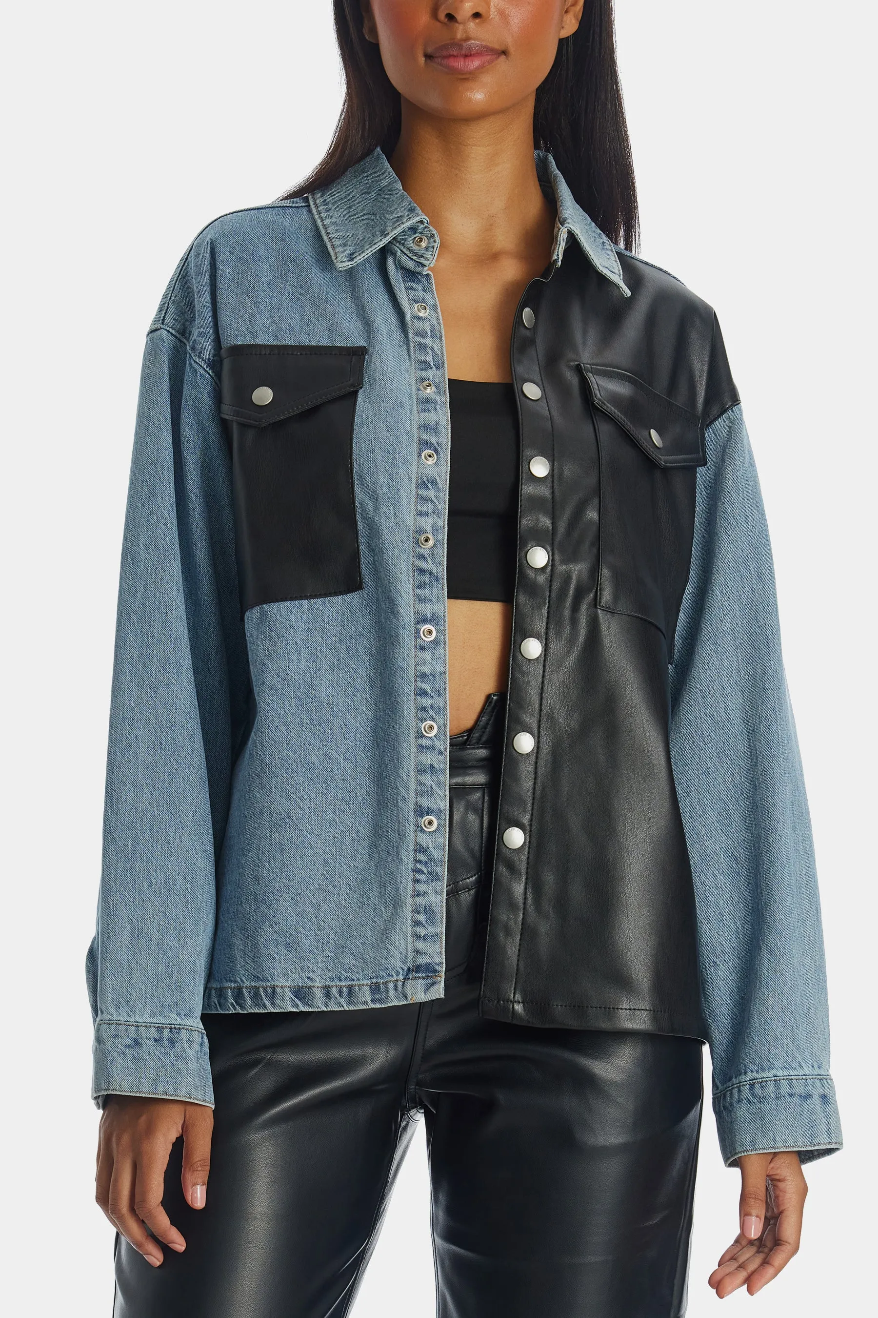 Unreal Leather & Denim Patchwork Shacket sold by Lord & Taylor
