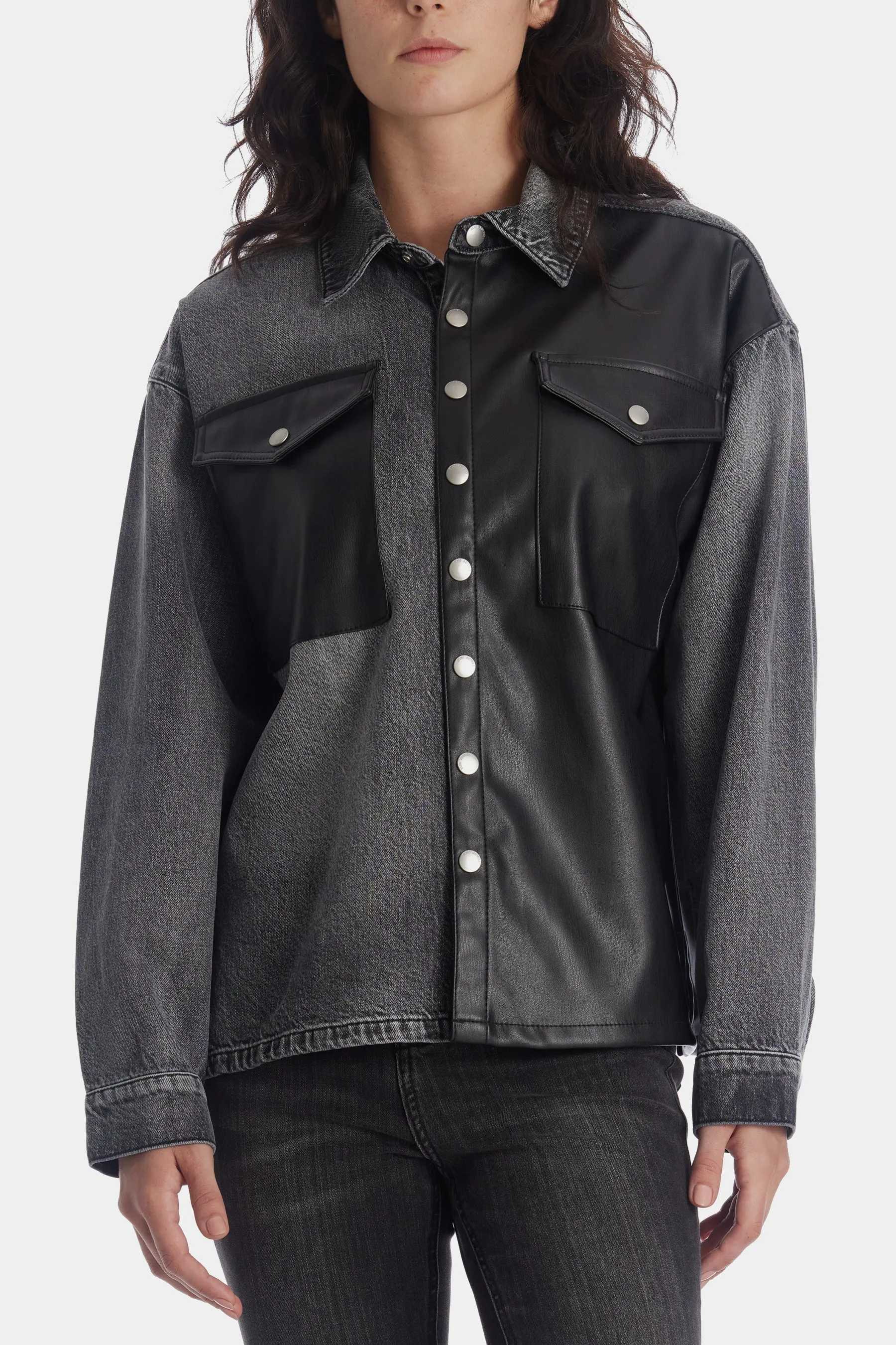 Unreal Leather & Denim Patchwork Shacket sold by Lord & Taylor product image thumbnail 2