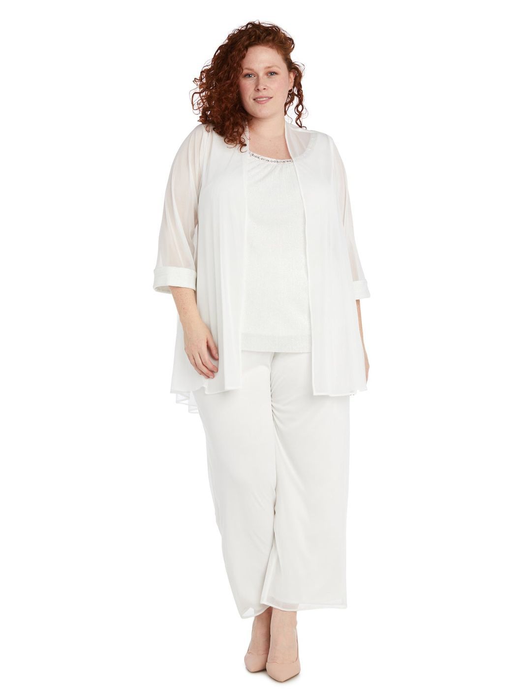 Three Piece Crinkle Chiffon Pant Set With Beaded Neckline sold by Lord & Taylor