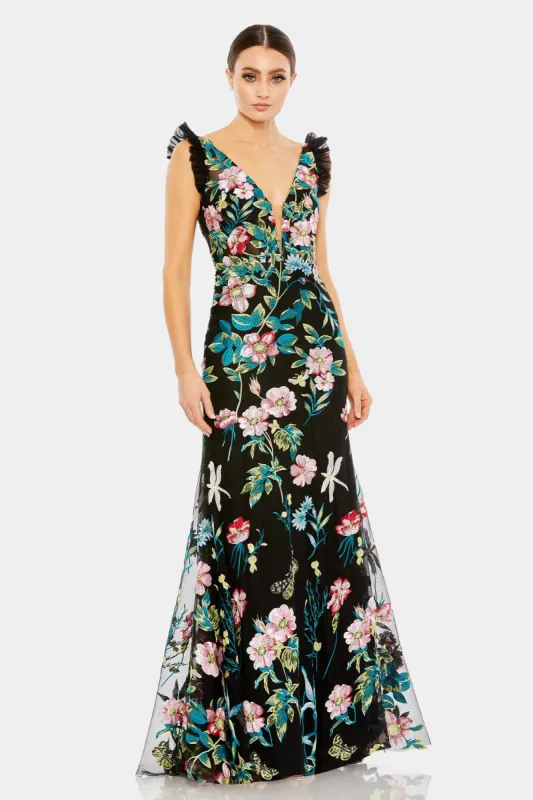 Embroidered Floral Plunge Neck Trumpet Gown sold by Lord & Taylor