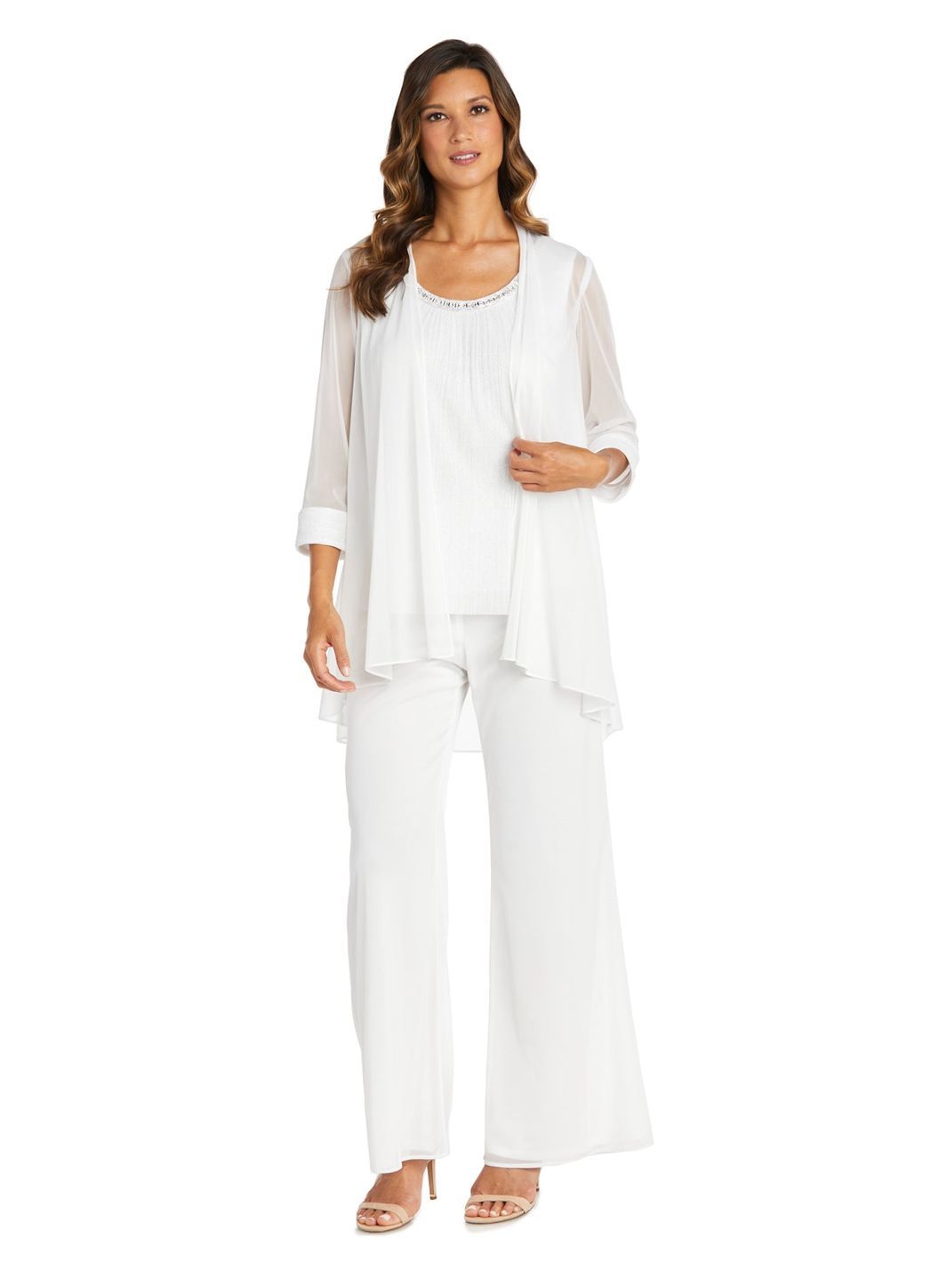 Three Piece Crinkle Chiffon Pant Set With Beaded Neckline sold by Lord & Taylor