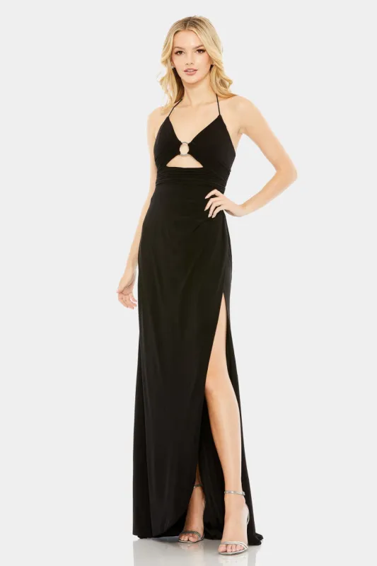 Jersey Halter Strap Ring Cut Out Draped Gown sold by Lord & Taylor