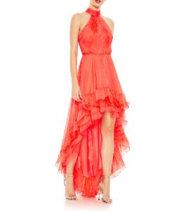 Ruffle Tiered High Low Pleated Halter Neck Gown sold by Lord & Taylor