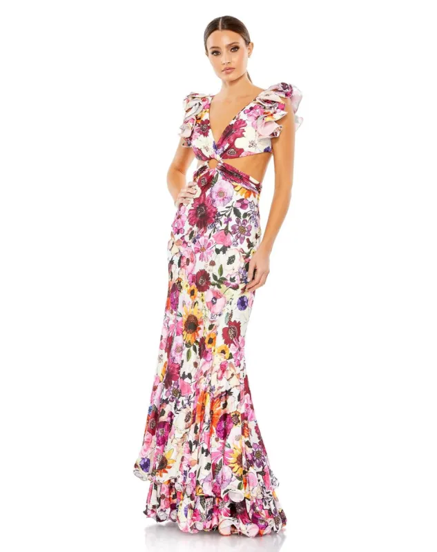 Floral Print Ruffle Shoulder Cut Out Gown sold by Lord & Taylor