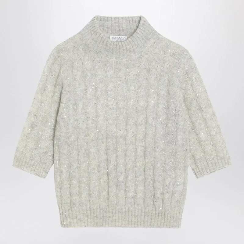 Brunello Cucinelli Light grey cable-knit sweater in mohair blend sold by Lord & Taylor