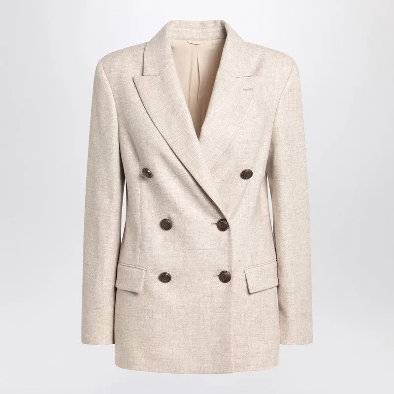 Brunello Cucinelli Beige double-breasted jacket in wool and cashmere sold by Lord & Taylor